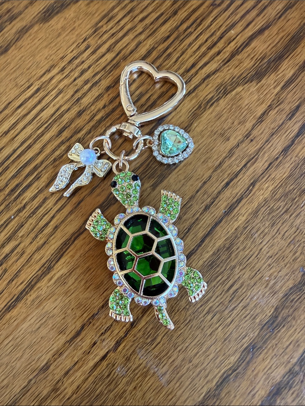 Gold-Tone Green Turtle Charm Keychain with Crystal Accents